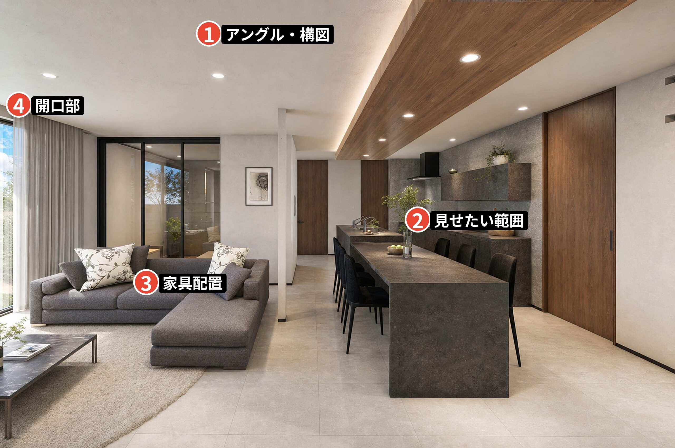 建築パースの依頼｜ラフ確認のチェックポイント（アングル・見せたい範囲・家具配置・開口部）